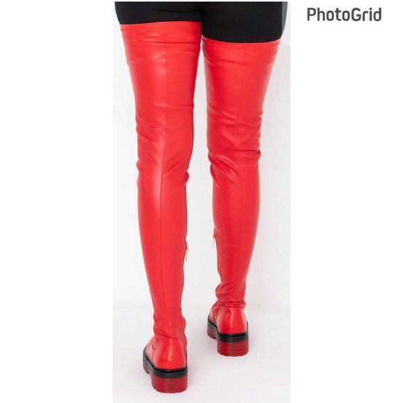 Red Thigh High Flat Leather Boots - Picture 2 of 3